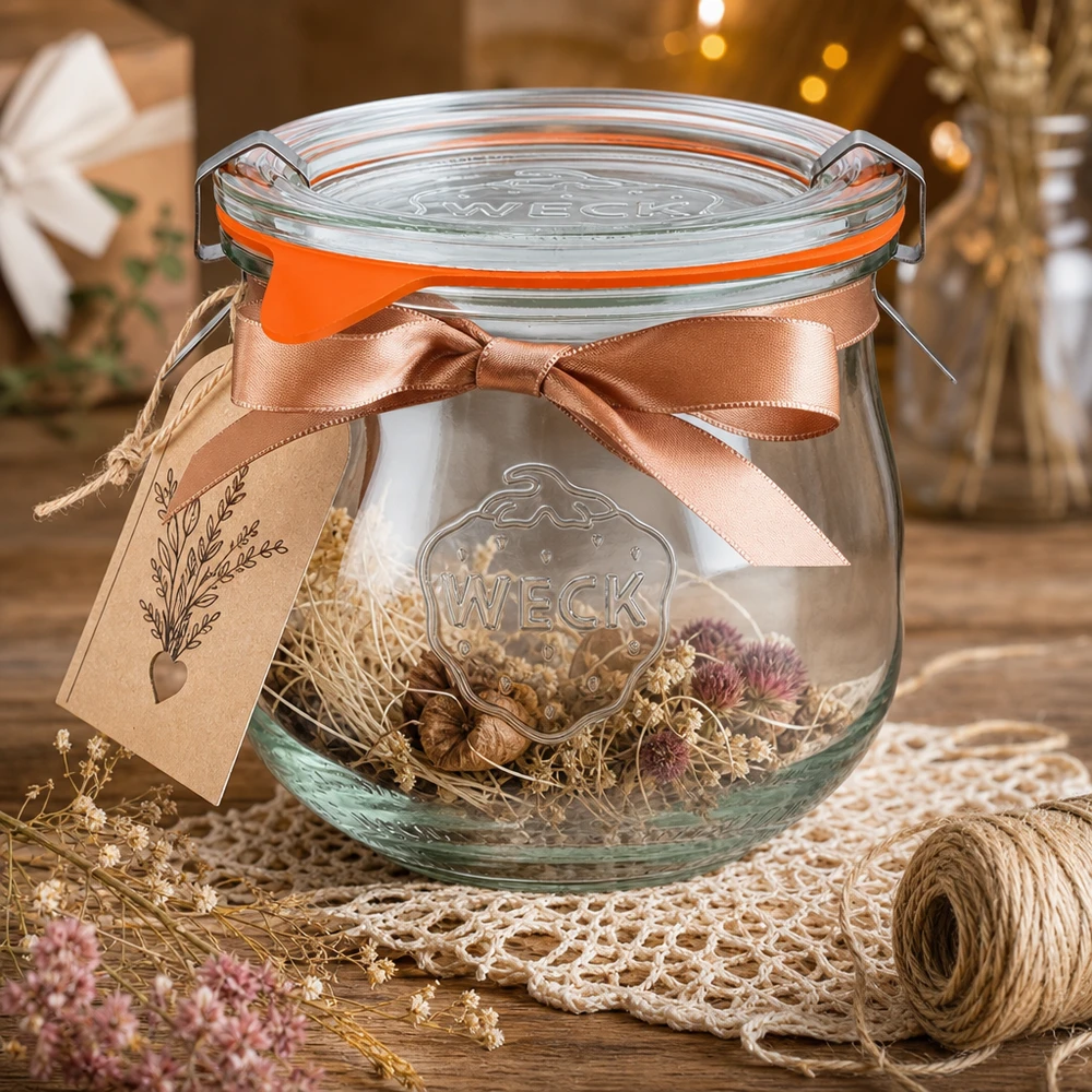 Jarra tulipán 370ml completa WECK RR80 Tarro tulipán WECK 370ml RR80 decorado con flores secas, cinta de raso y etiqueta de regalo como idea de manualidades