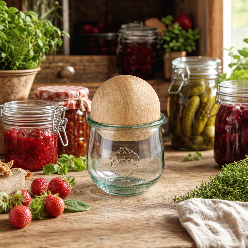 Tarro tulipán WECK RR80 de 370 ml con bola de madera de haya Tarro de conserva WECK RR80 con tapa de madera en una cocina rústica entre tarros de mermelada y fresas frescas