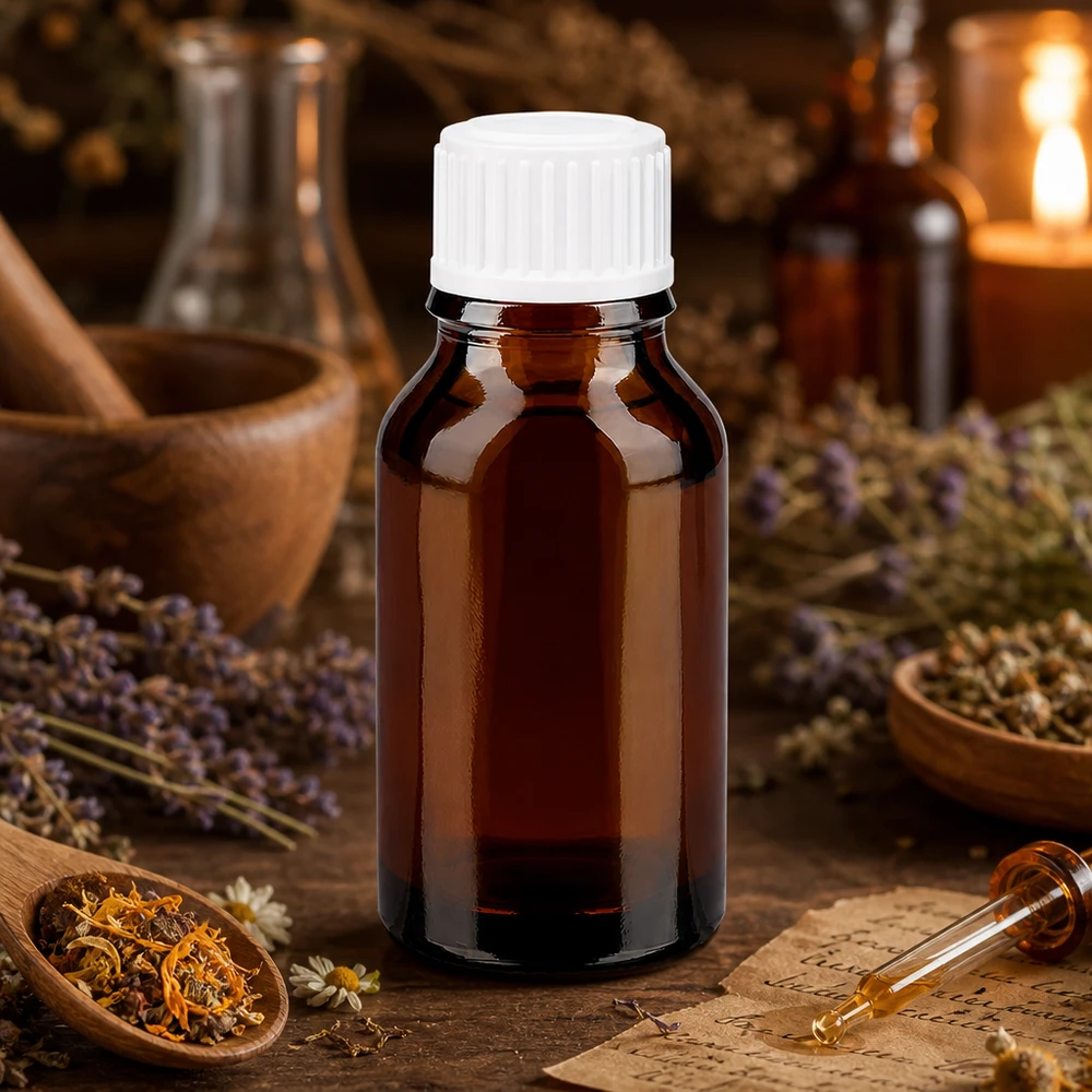 Frasco de farmacia marrón de 30 ml, de vidrio opaco, con tapón blanco, entre hierbas y plantas medicinales