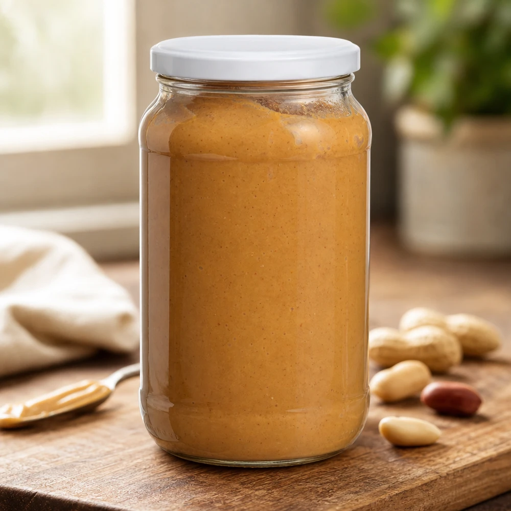 Tarro redondo de 1062 ml con tapa BasicSeal lleno de mantequilla de cacahuete sobre tabla de madera con cacahuetes Tarro de almacenamiento de cocina