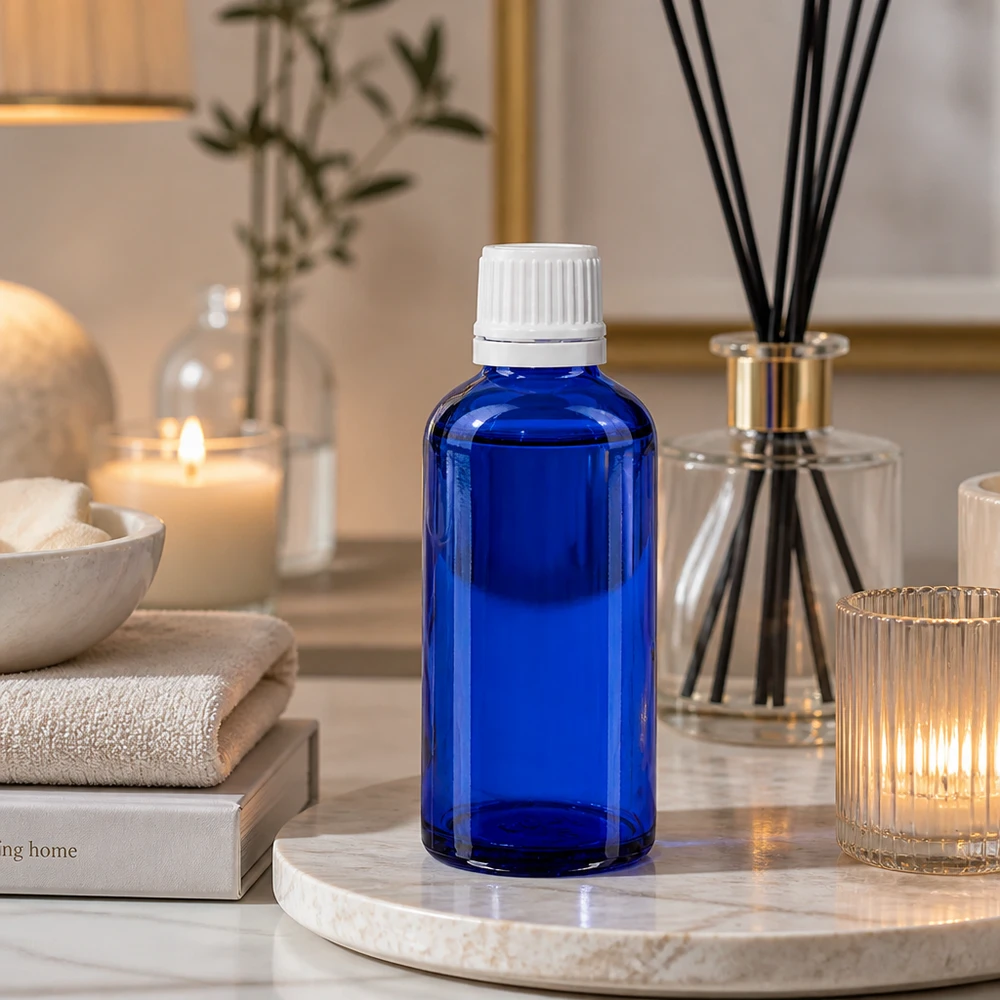 Frasco de farmacia azul cobalto de 50 ml con tapón de rosca blanco, en un ambiente relajante similar al de un spa