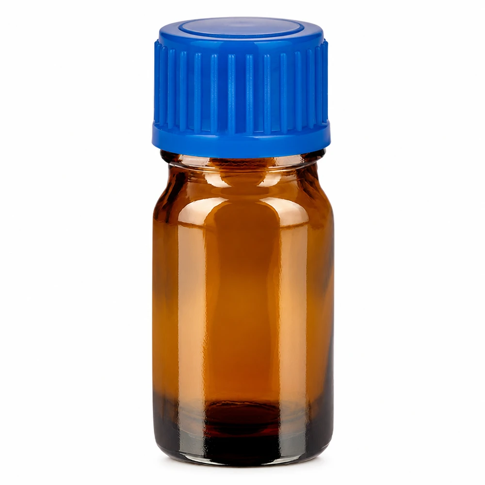 Frasco de vidrio ámbar de 5 ml con tapón de rosca azul para aceites esenciales y medicamentos