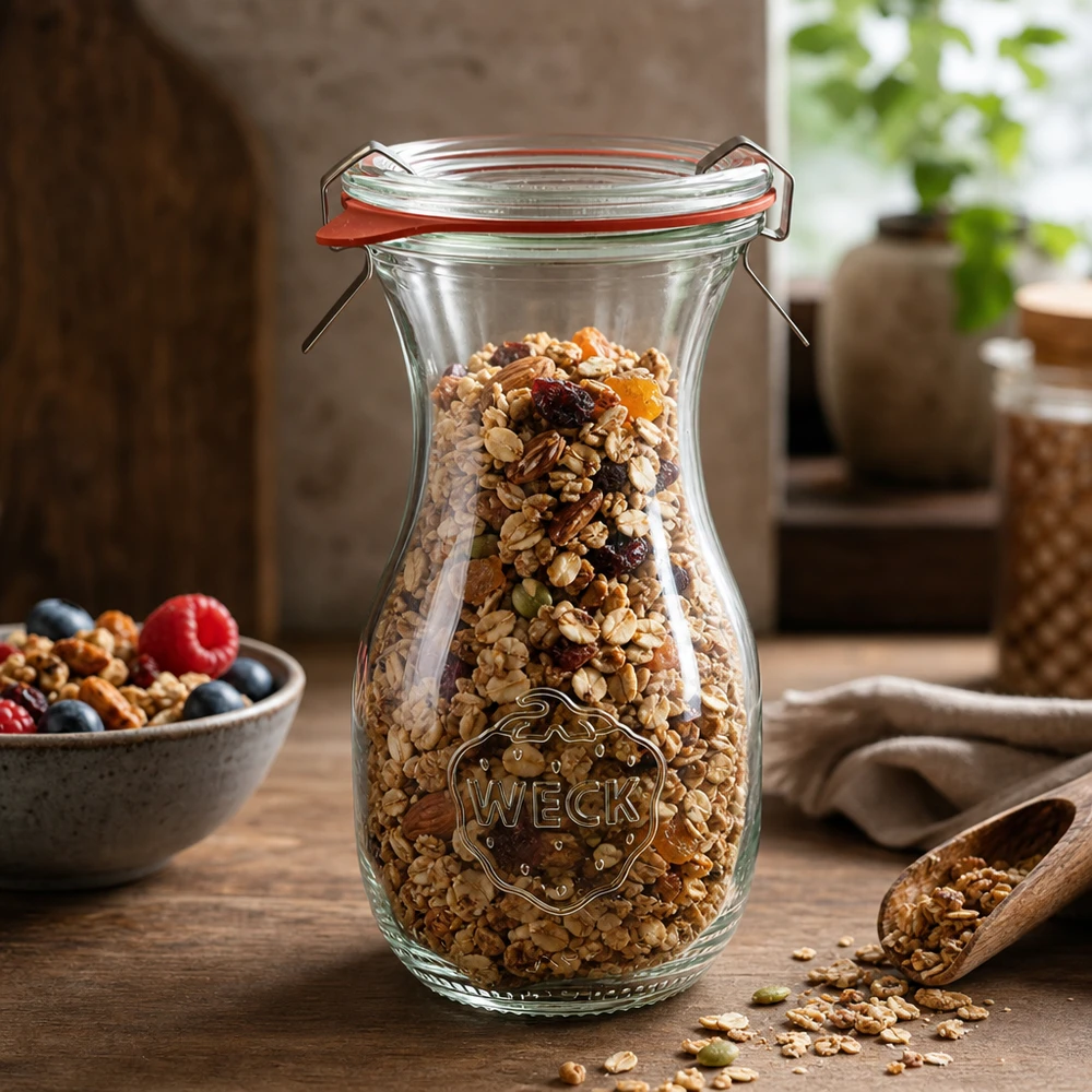Botella de zumo de 290 ml, juego completo WECK RR60 Botella de zumo WECK de 290 ml RR60 rellena de muesli y frutos secos para almacenar alimentos