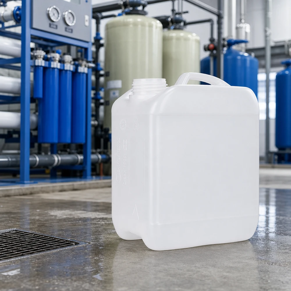 Bidón transparente de HDPE de 2,5 litros sin tapa en una planta de tratamiento de agua