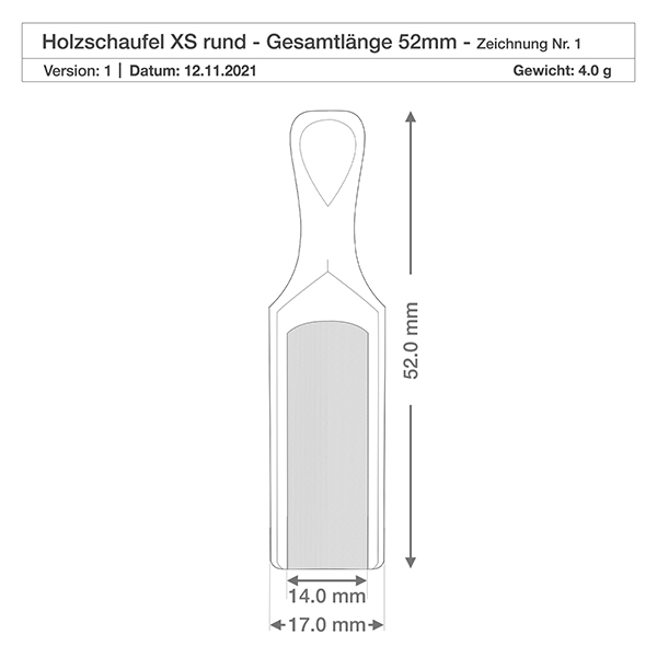 Pala de madera tamaño XS forma semicircular - 52mm de largo Dibujo técnico de la pala de madera XS con unas dimensiones de 52 mm de longitud total y 17 mm de anchura