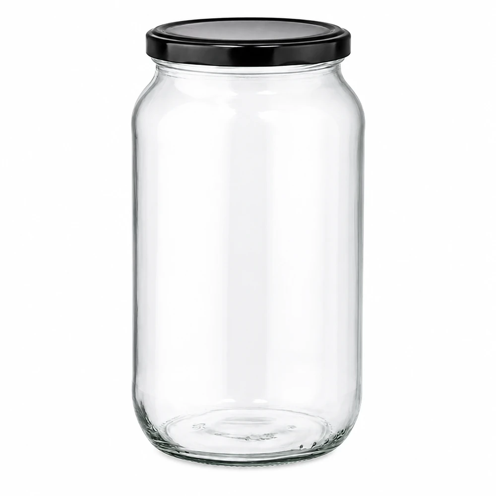 Tarro redondo de 1062 ml con tapa negra BasicSeal - tarro de conserva vacío de vidrio transparente para alimentos y almacenamiento