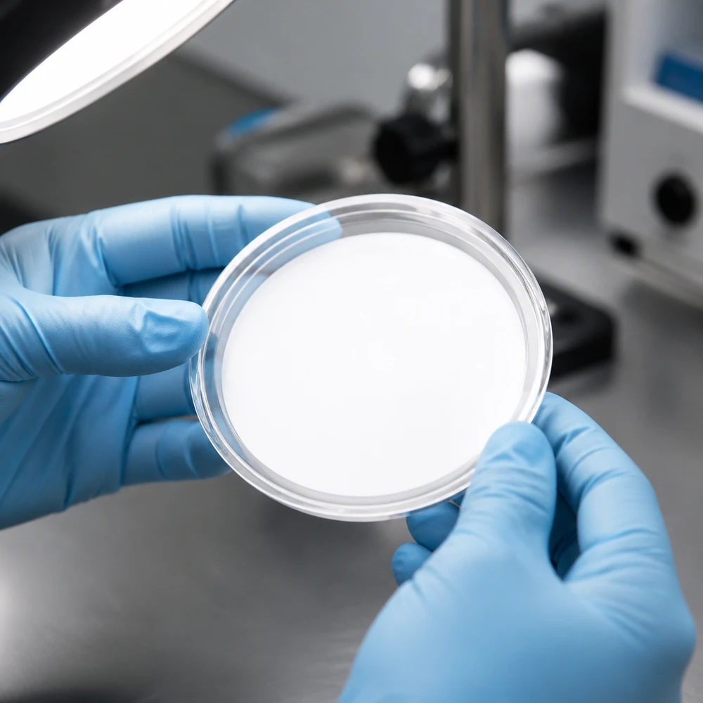 Tapa BasicSeal de 70 mm, blanca (TO70) UNiTWIST Un técnico de laboratorio sostiene una tapa blanca BasicSeal de 70 mm, modelo TO70 UNiTWIST, en condiciones de laboratorio.