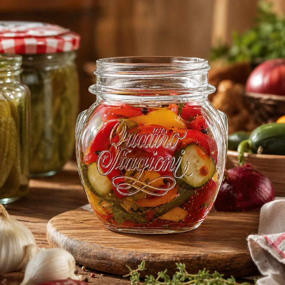 Vaso redondo de 300ml "Quattro Stagioni" QS70mm Tarro de conserva Quattro Stagioni de 300 ml con verduras encurtidas sobre una tabla de madera en una cocina rústica