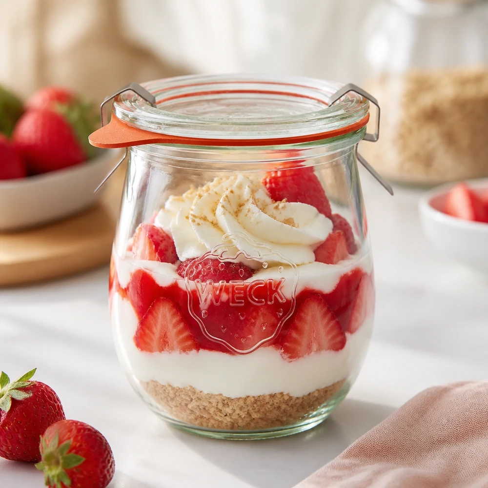 WECK tarro tulipán 220ml RR60 con fresa postre en capas yogur y base de galleta utilizado como tarro de postre