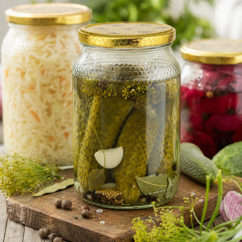 Tarro de miel de 900 ml con tapa BasicSeal utilizado para conservar encurtidos chucrut y alimentos fermentados
