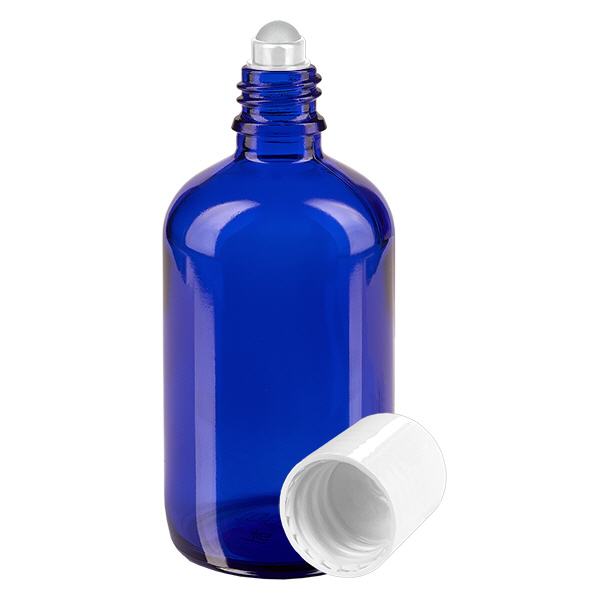 Botella de farmacia azul 100ml tapón roll-on blanco Botella de farmacia azul 100ml tapón roll-on blanco