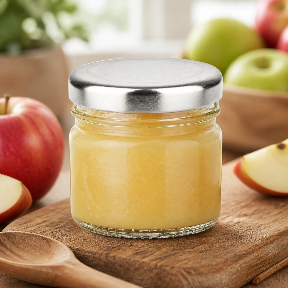 Pequeño frasco redondo de cristal de 33 ml con tapa BasicSeal plateada, lleno de compota de manzana y rodeado de manzanas frescas