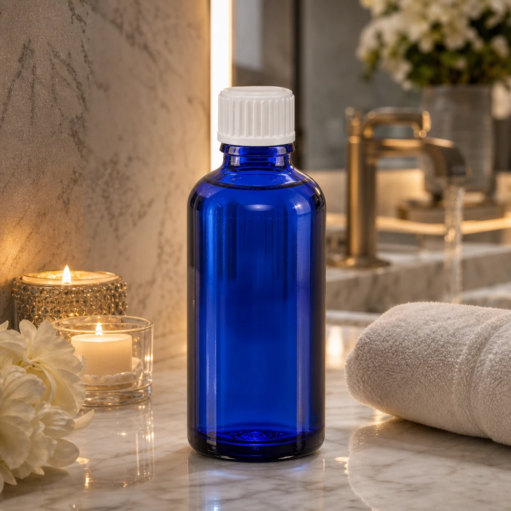Frasco cuentagotas azul de 50 ml de ApoGlas con tapón blanco STD sobre una superficie de mármol en el cuarto de baño