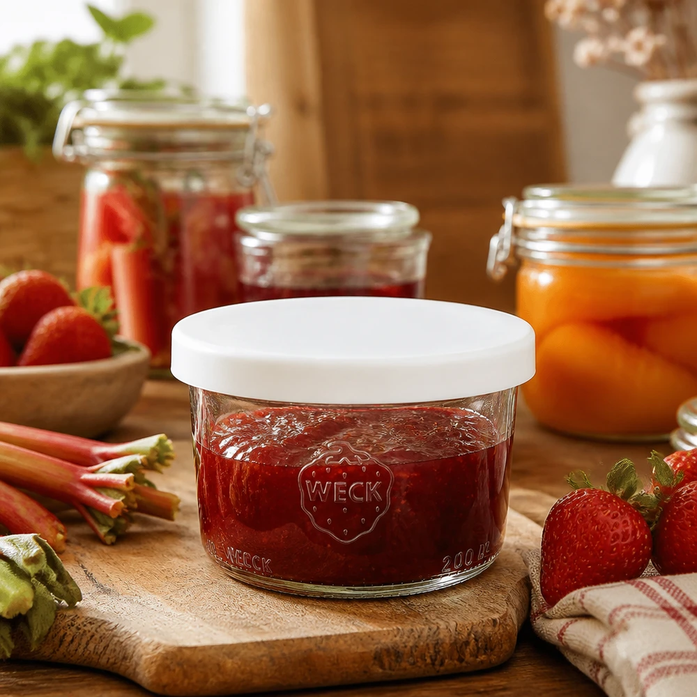 WECK RR80 vasos 200ml con mermelada de fresa y tapa de silicona blanca en cocina rústica con fruta fresca