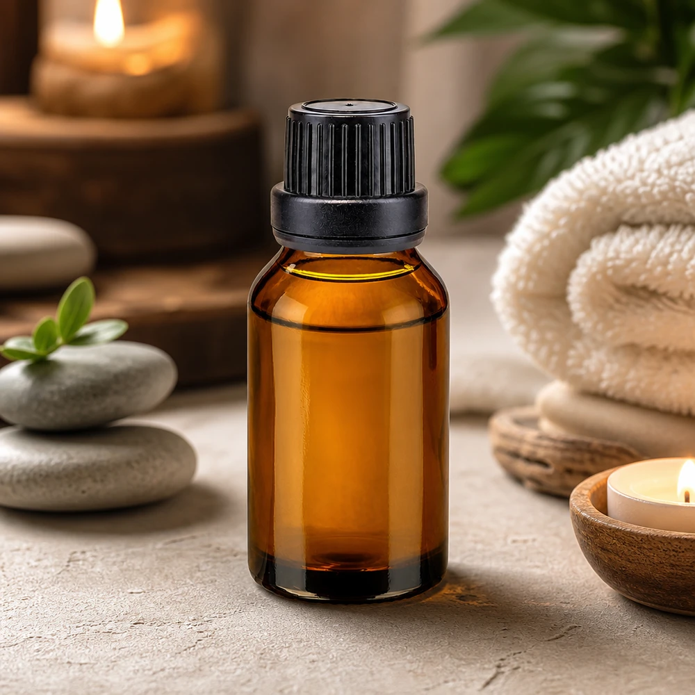 Frasco de cristal ámbar para aromaterapia de 15 ml con tapón de rosca negro, entre piedras de masaje y velas