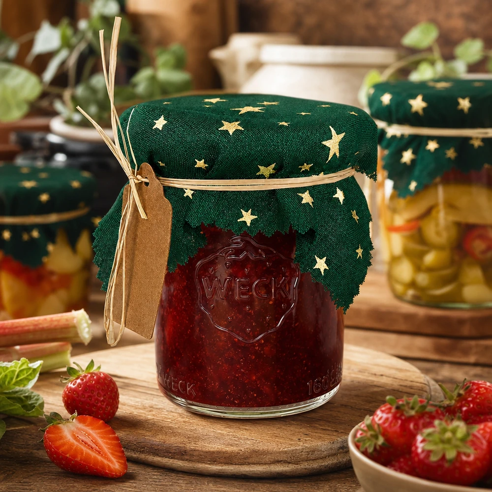Alfombra de tela para bisutería "estrellas" verde 12cm cuadrado Felpilla de estrella verde cuadrada de 12 cm sobre tarro de mermelada de fresa, escena de cocina rústica con fresas frescas