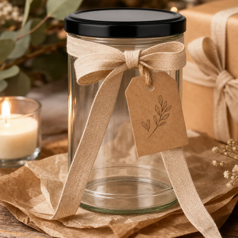 Vasos de 1053 ml con tapa negra como envase de regalo decorado con un lazo y una etiqueta de papel kraft