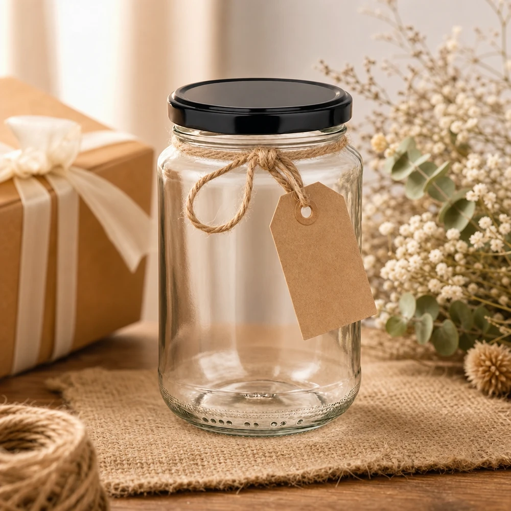 Tarro redondo de 375 ml decorado con etiqueta de papel kraft y cuerda de yute como envase de regalo tarro de conserva
