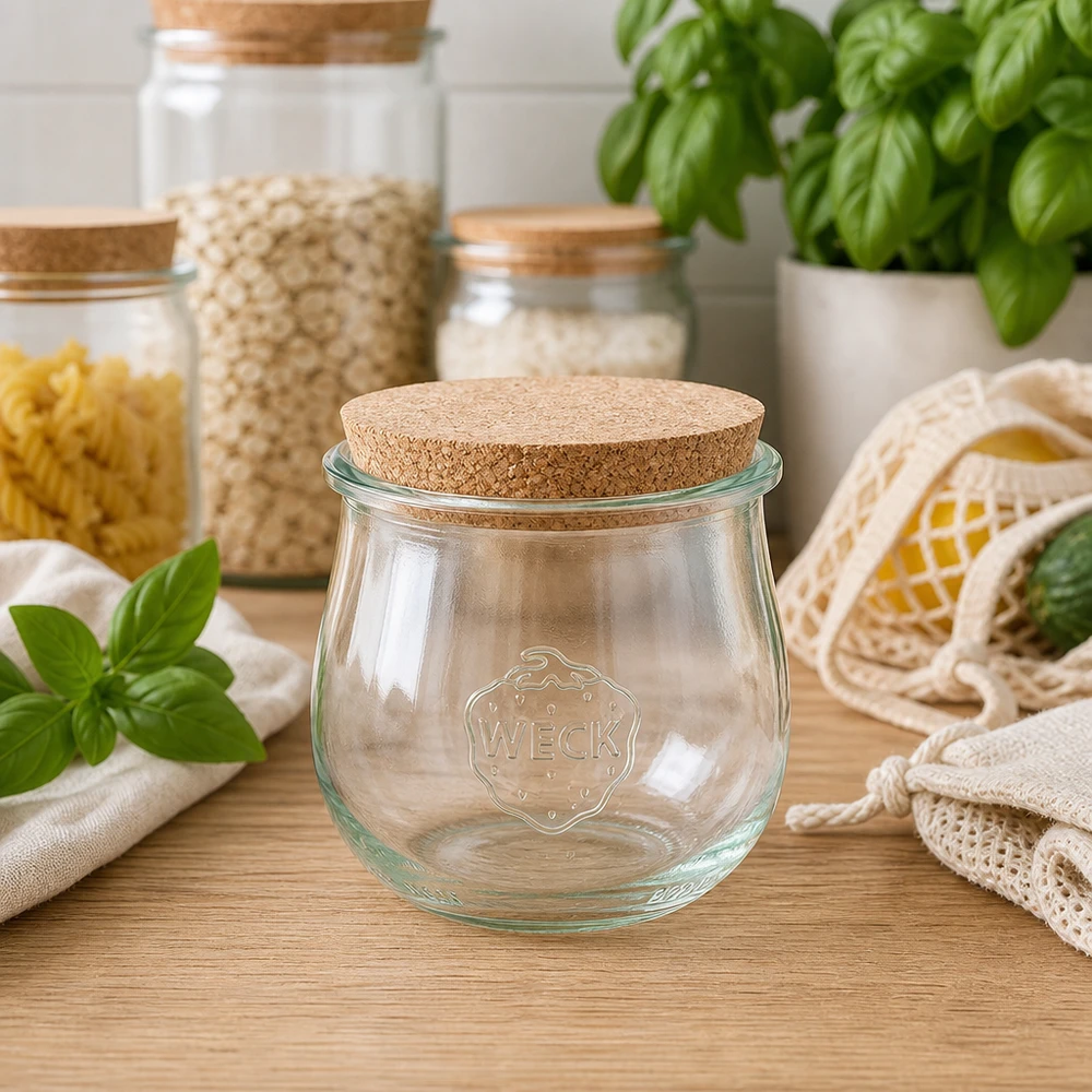 WECK tarro tulipán 370ml RR80 con corcho en cocina sostenible residuo cero entre tarros de almacenaje y albahaca
