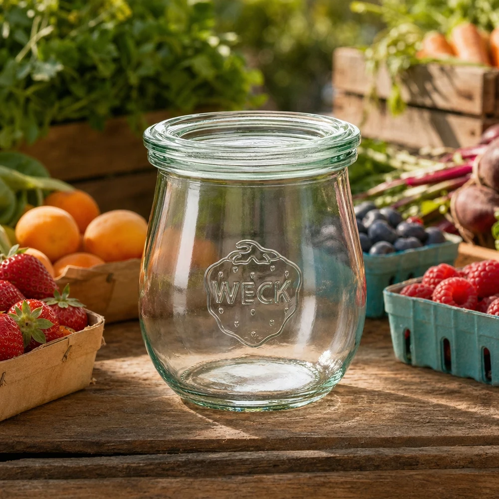 Tarro tulipán WECK 220ml RR60 vacío sobre una mesa de madera rodeado de frutas y verduras frescas en un jardín natural