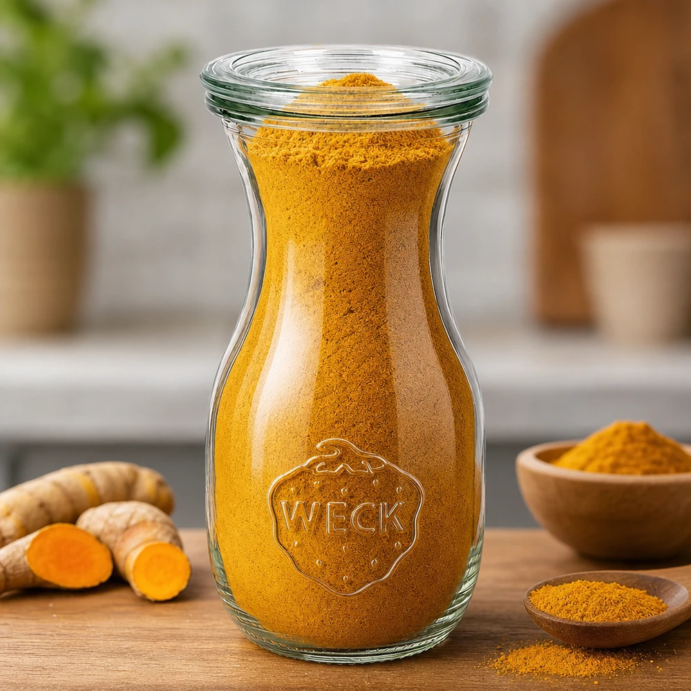 Botella de zumo WECK de 290 ml RR60 llena de cúrcuma en polvo junto a raíces frescas de cúrcuma y cuencos de madera en la mesa de la cocina.