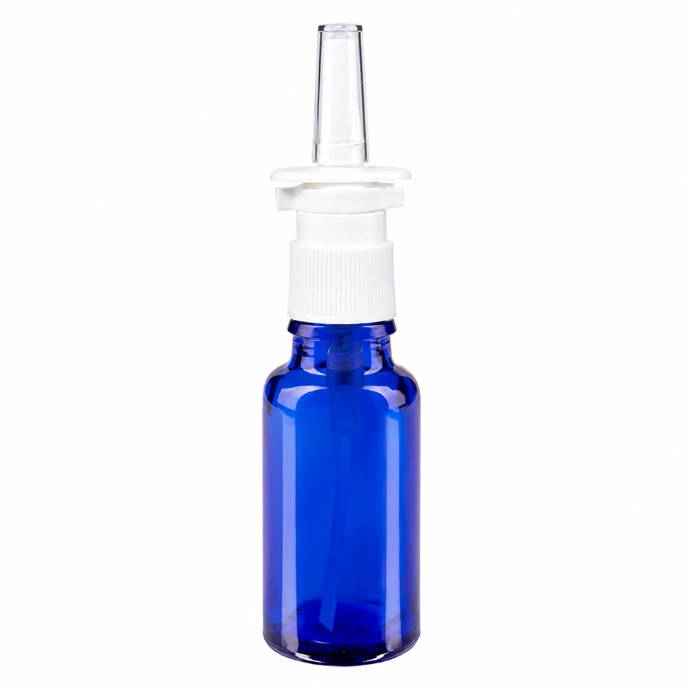 Frasco de cristal azul de 20 ml con aplicador nasal blanco y boquilla transparente para farmacias