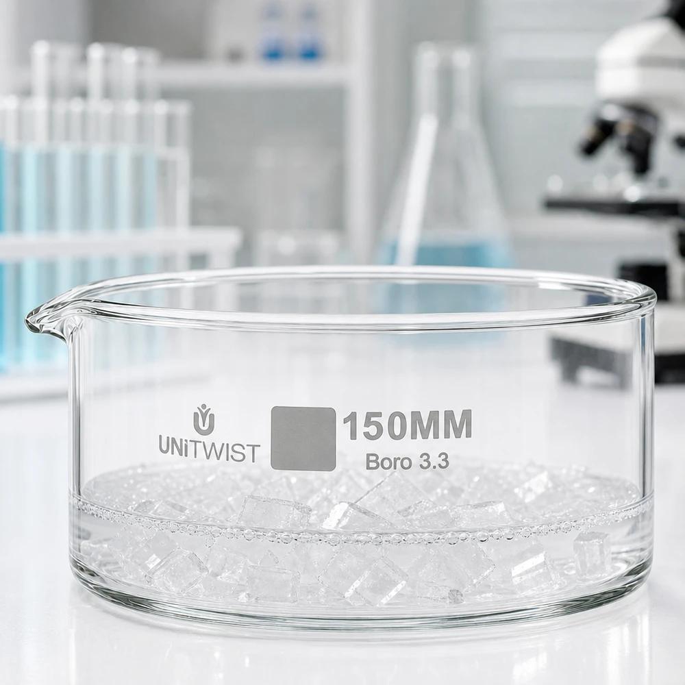 Cristalera ø150mm vidrio borosilicato UNiTWIST Cuenco de cristal plano de 150 mm UNiTWIST Boro 3.3 con cubitos de hielo en el laboratorio