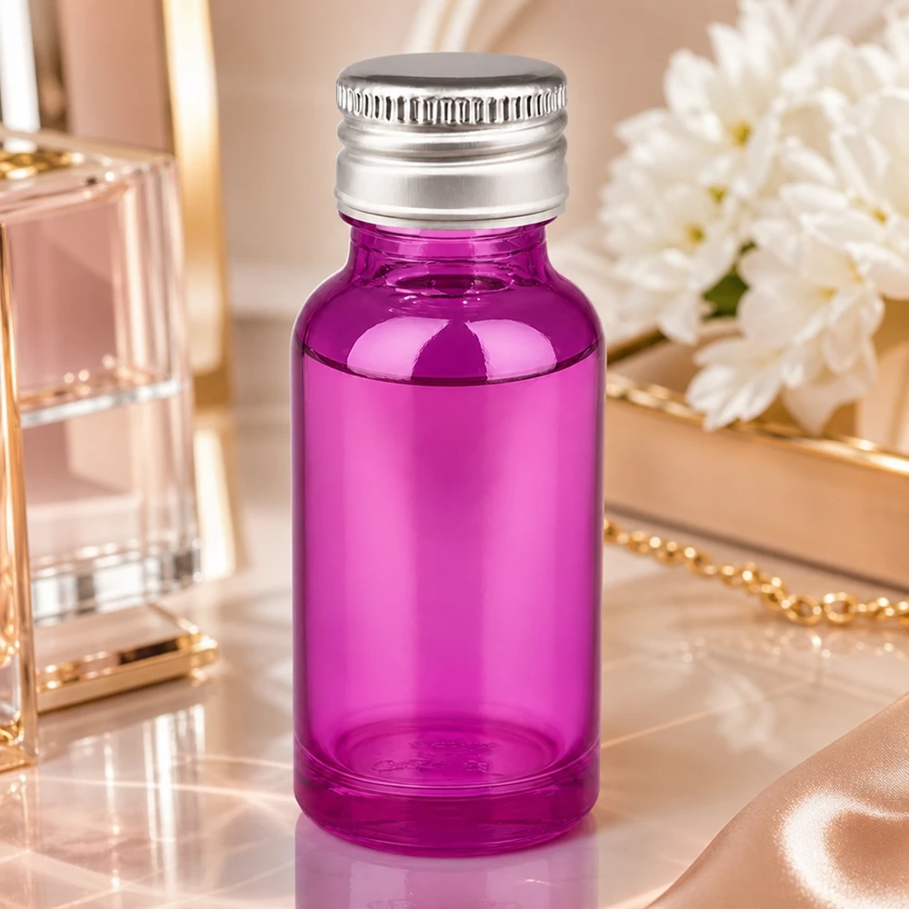 Botella de 20ml 11mm tapón de rosca aluminio-plata estándar PurpleLine.UT18/20 Elegante frasco de 20 ml en violeta brillante con tapón plateado para productos cosméticos de alta calidad