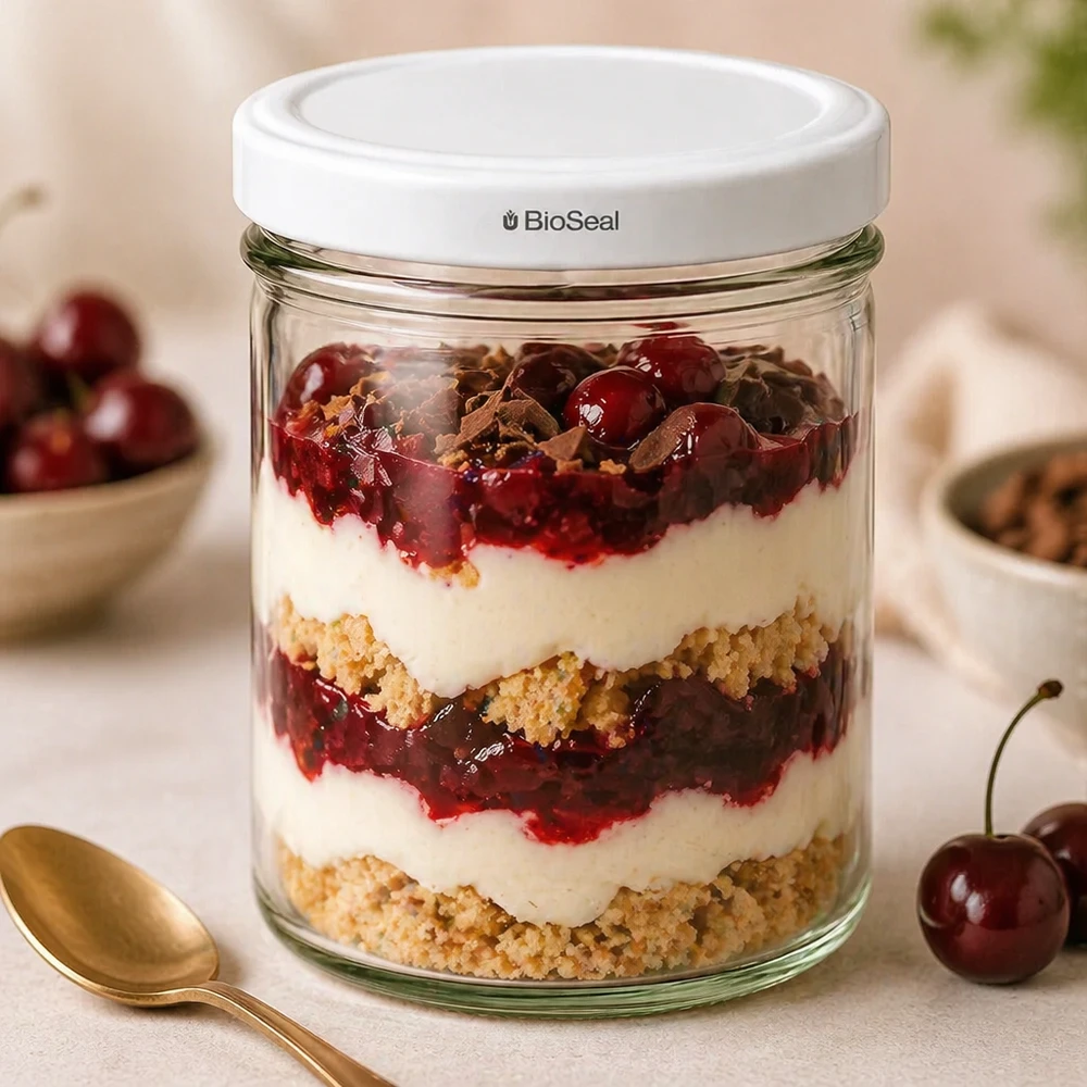 UNiTWIST 167ml vasos con tapa BioSeal postre en capas compota de cerezas crumble postre vaso cocina escena cuchara dorada