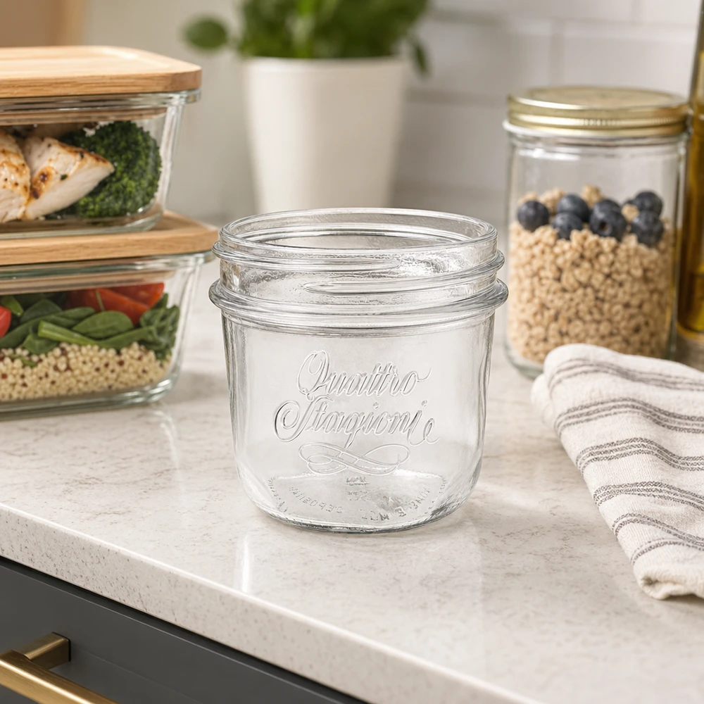 Vasos "Quattro Stagioni" de 200 ml QS86mm 200ml Quattro Stagioni Einmachglas mit elegantem Design für Küche Vorratshaltung und Dekoration auf Marmor Arbeitsplatte