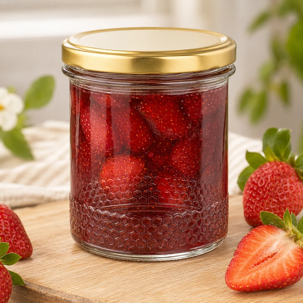 Tarro de miel de 400 ml con tapa BasicSeal oro UNiTWIST como tarro de mermelada para mermelada de fresa con fresas frescas