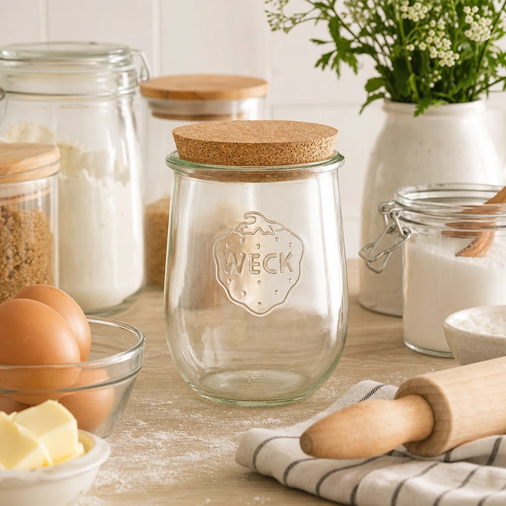 WECK tarro tulipán RR100 1062ml con corcho en una acogedora cocina de repostería junto al almacenamiento de harina, huevos e ingredientes de repostería
