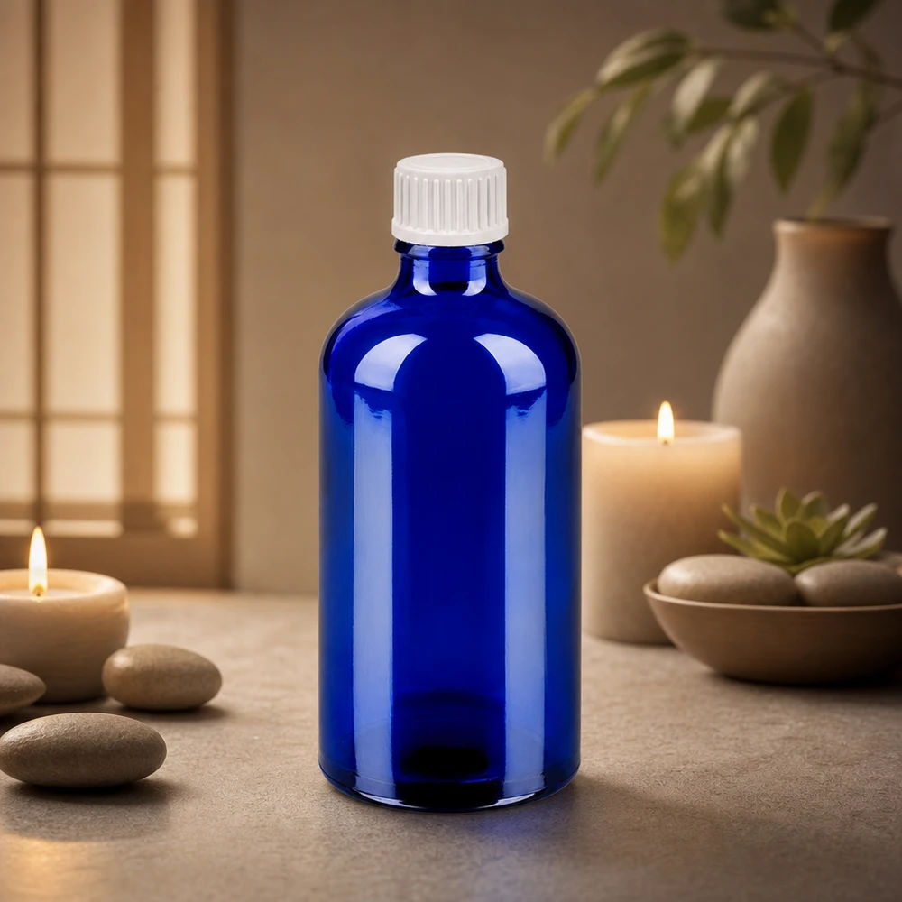 Frasco cuentagotas de 100 ml con cierre estándar blanco de 0,9 mm BlueLine UT18/100 Frasco boticario azul de 100 ml con tapón cuentagotas de 0,9 mm para aromaterapia BlueLine UT18