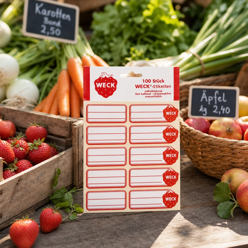 Etiquetas WECK de 19 x 13 mm (paquete(s) de 100 unidades) WECK etiquetas 100 piezas paquete en el puesto de mercado entre las frutas frescas verduras zanahorias fresas manzanas