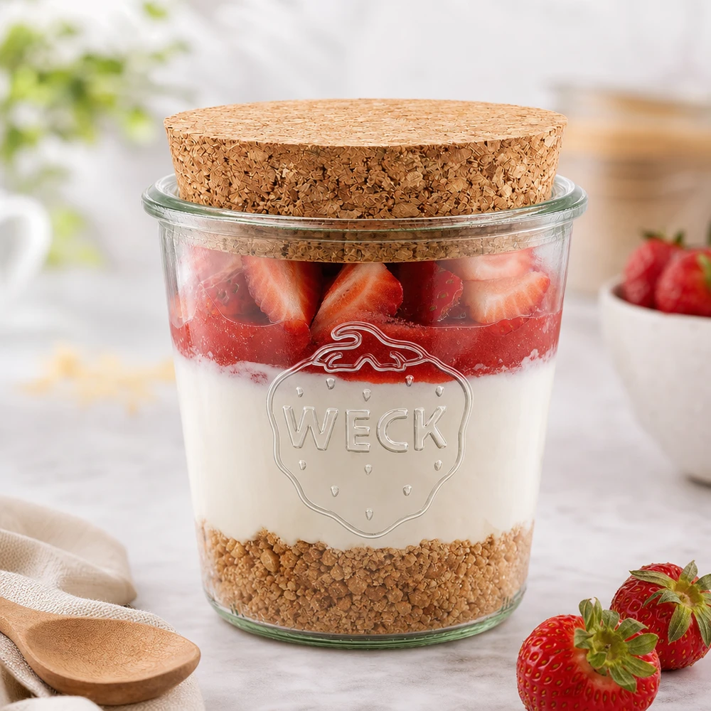 Tarro WECK 580ml RR100 con corcho como tarro de postre para fresas yogur muesli elegantemente dispuesto sobre una mesa blanca