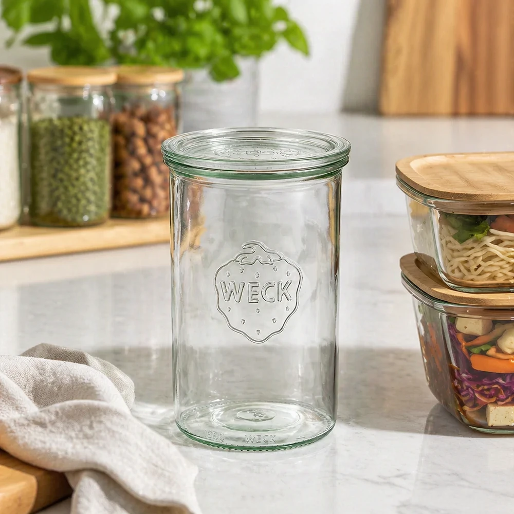 WECK tarro de conservas 1000ml RR100 vacío en la encimera de la cocina entre tarros de almacenaje con frutos secos y especias