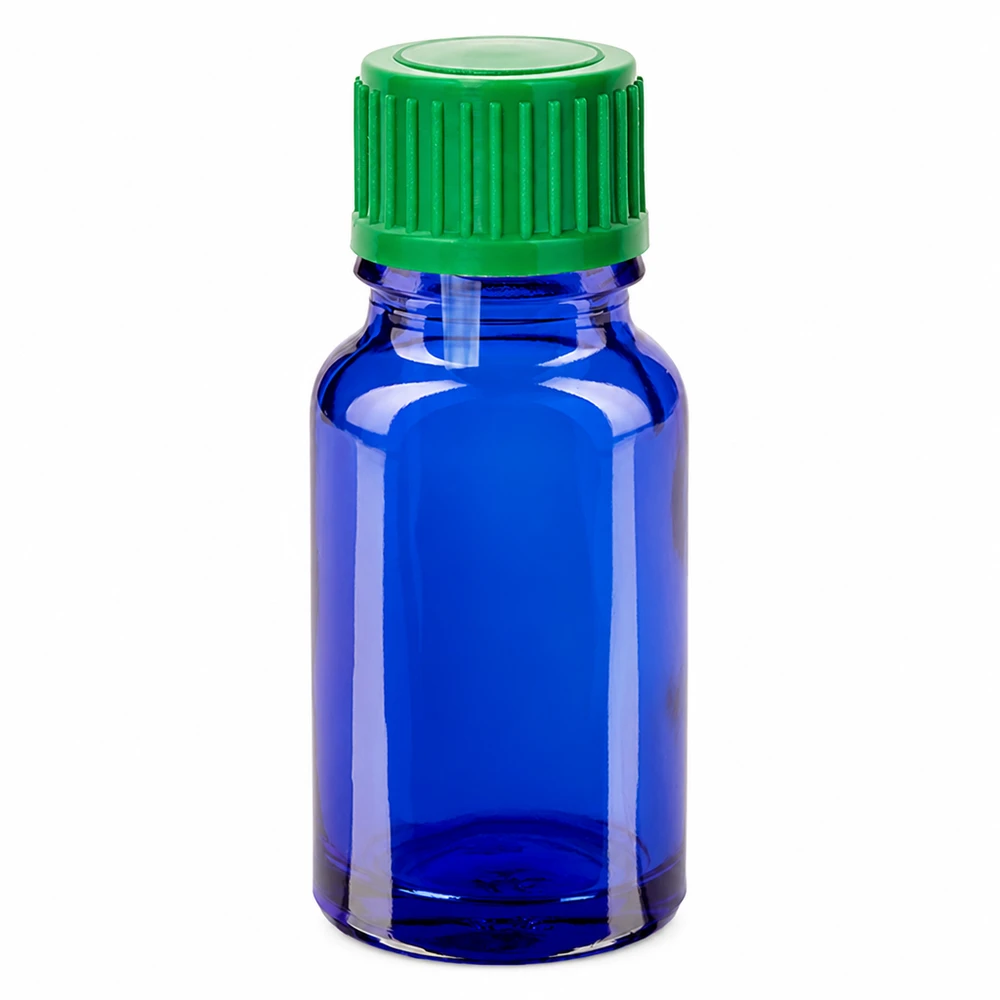 Frasco gotero de 10 ml azul con tapón verde para una dosificación precisa