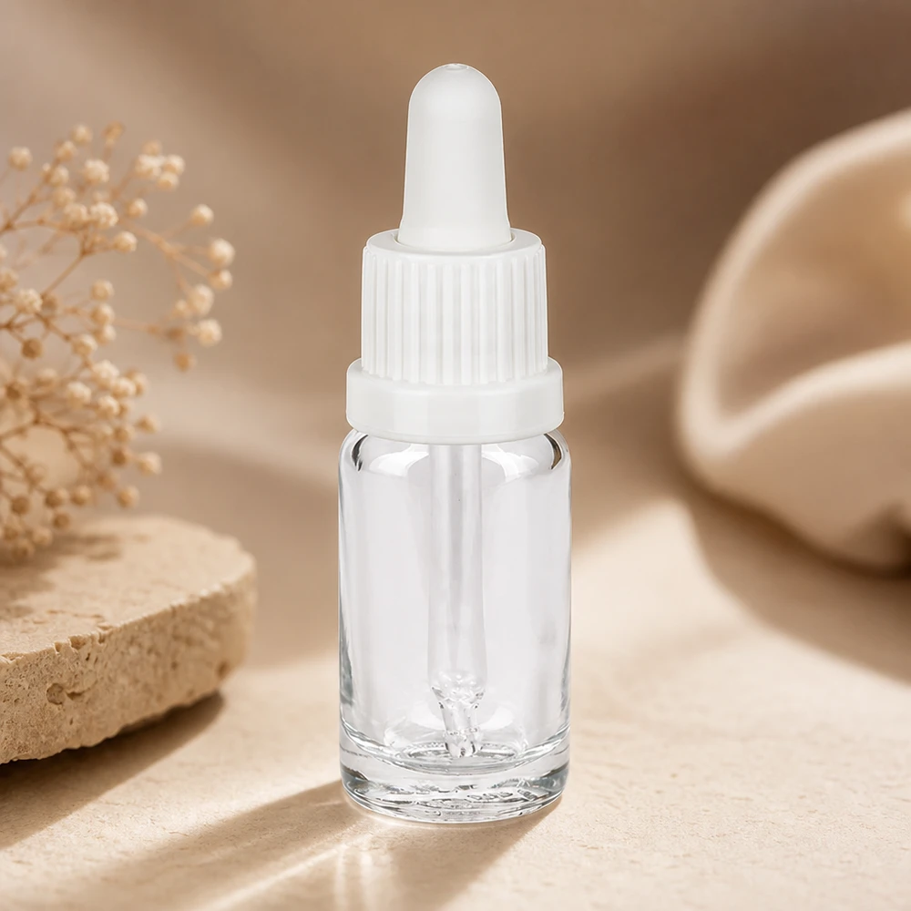 Frasco pipeta 10ml tapón inviolable blanco ClearLine UT18/10 Frasco de cristal transparente de 10 ml con tapón de pipeta blanco, colocado sobre una piedra natural