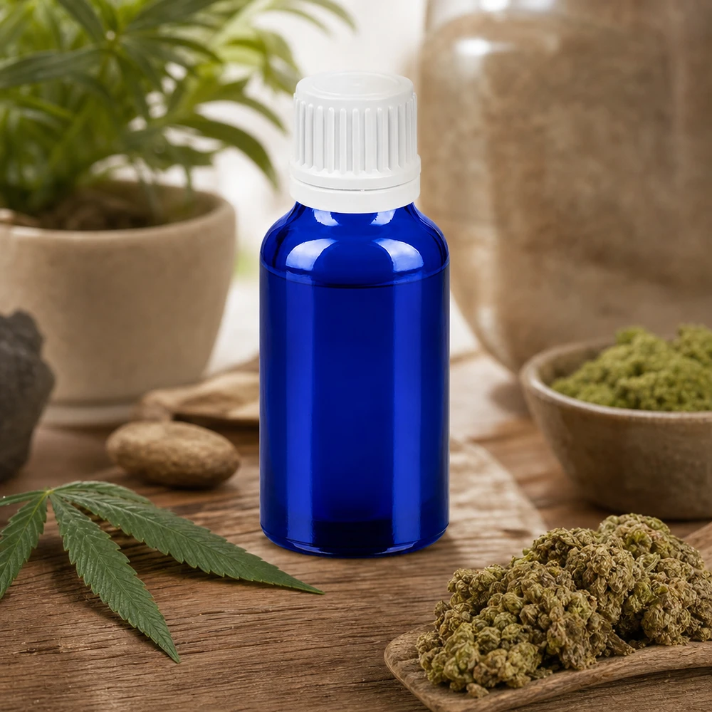 Botella 20ml 11mm tapón rosca blanco cierre inviolable BlueLine UT18/20 Frasco gotero compacto de 20 ml en elegante azul con práctico tapón de rosca para cosmética natural