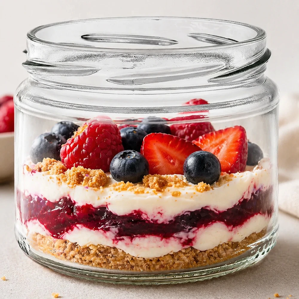 UNiTWIST Runda330 vaso redondo relleno de bayas de colores postre en capas trifle bayas crema base galleta