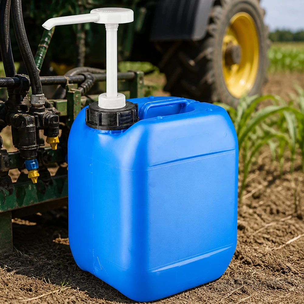 Bidón 5 litros azul con bomba dosificadora Bidón azul de 5 litros con bomba dosificadora en uso agrícola junto a un tractor