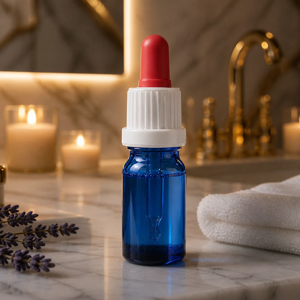 Elegante botella pipeta azul de 5 ml con tapón blanco en un lujoso ambiente de baño BlueLine UT18/5