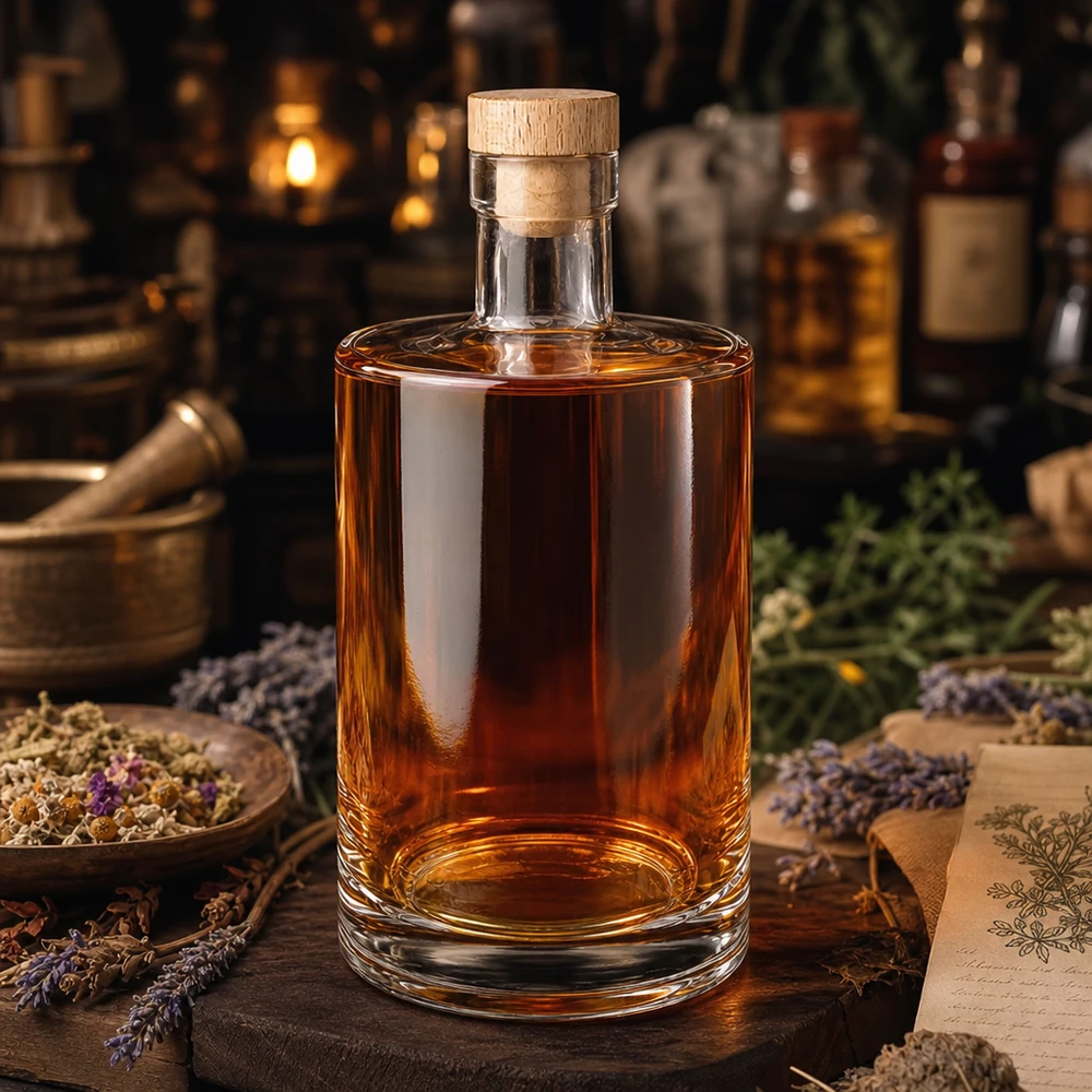 Botella de cristal de 700 ml Marie con corcho de madera y contenido marrón dispuesto entre hierbas secas y lavanda