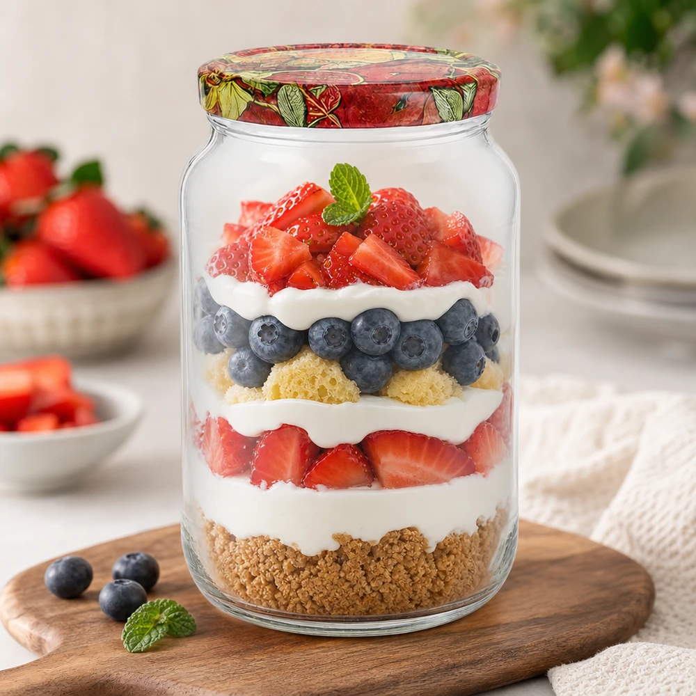 Tarro redondo 1062ml + tapa BasicSeal decoración frutas UNiTWIST 1062ml tarro redondo BasicSeal tapa fruta decoración postre en capas bayas crema galleta base trifle postre mason jar