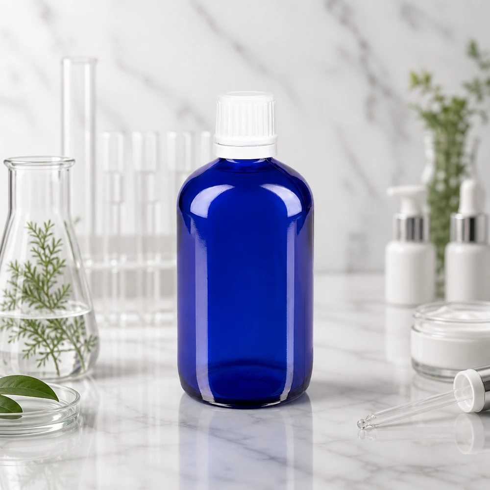 Botella de farmacia azul 100ml tapón de rosca blanco cierre inviolable Frasco de farmacia de cristal azul de 100 ml con tapón OV blanco de 11 mm, en el laboratorio, entre los matraces de Erlenmeyer y los tubos de ensayo