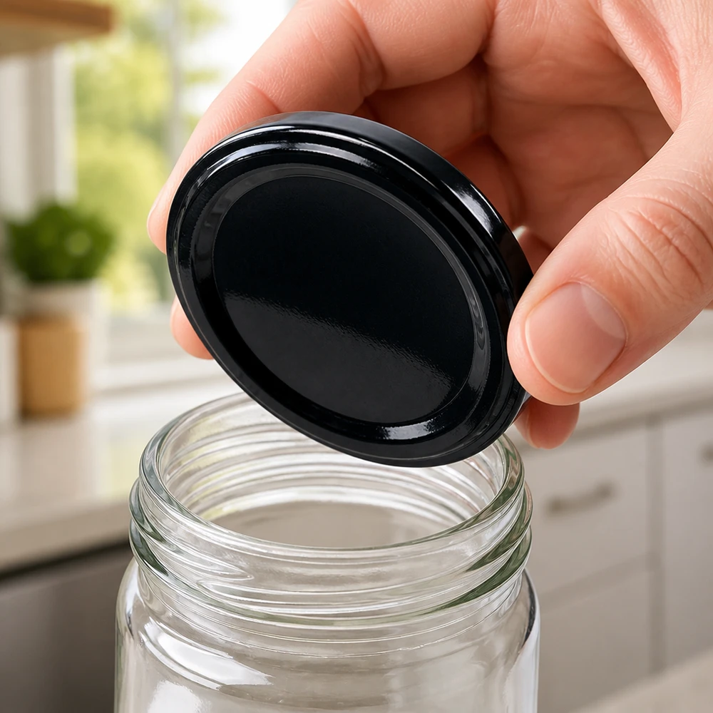 UNiTWIST TO82 negro, BioSeal, sin BPA, UNiTWIST Tapa de rosca negra UNiTWIST TO82, sin BPA ni NI, sujetada con la mano sobre un tarro de conserva vacío