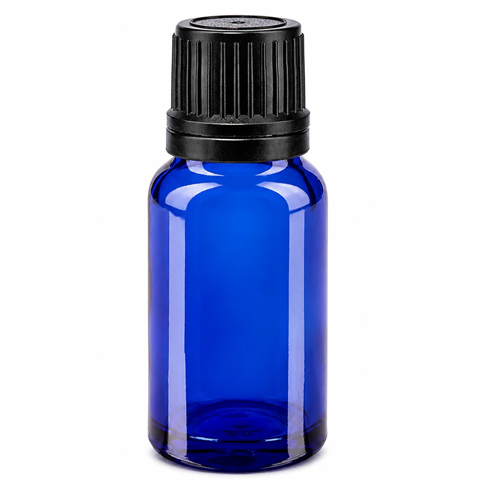 Botella de farmacia azul 10ml tapón rosca anillo vertedor negro cierre inviolable Frasco de farmacia azul de 10 ml con tapón OV negro, fabricado en vidrio borosilicato de alta calidad