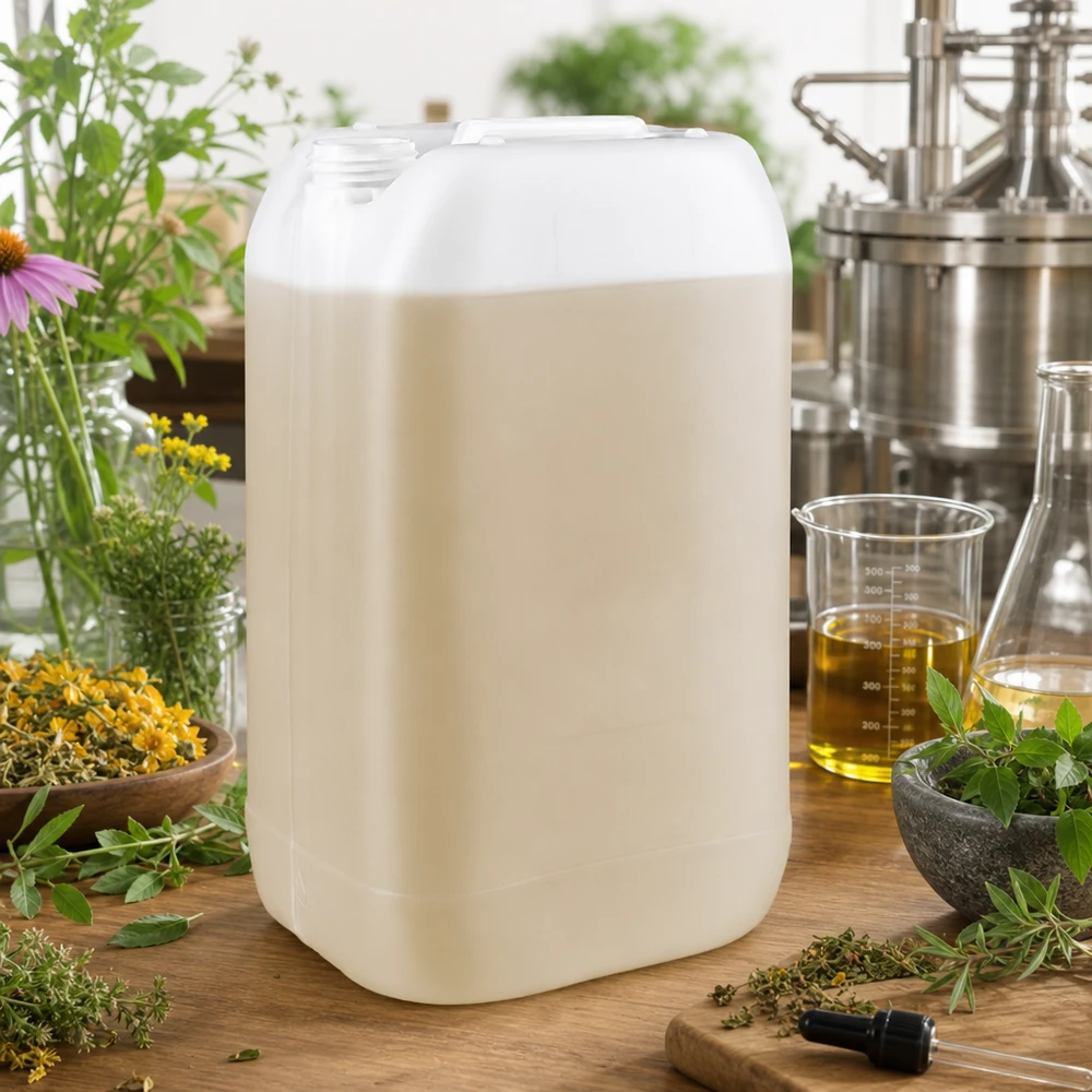 Bidón resistente de 15 litros sin tapón, rodeado de hierbas y aceites esenciales en la cosmética natural