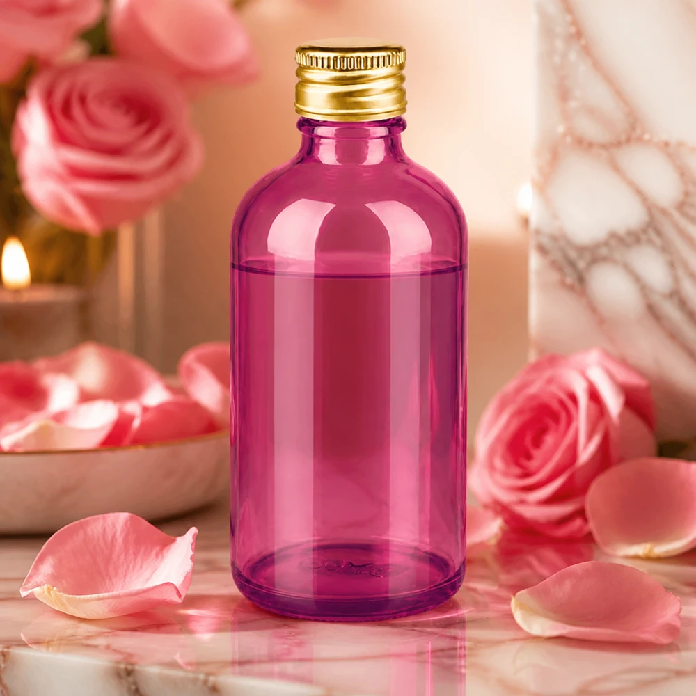 Frasco de 100 ml con tapón de rosca de 11 mm de aluminio estándar dorado PurpleLine. UT18/100 Elegante frasco de cristal violeta de 100 ml con tapón dorado para productos de belleza y perfumes de alta calidad
