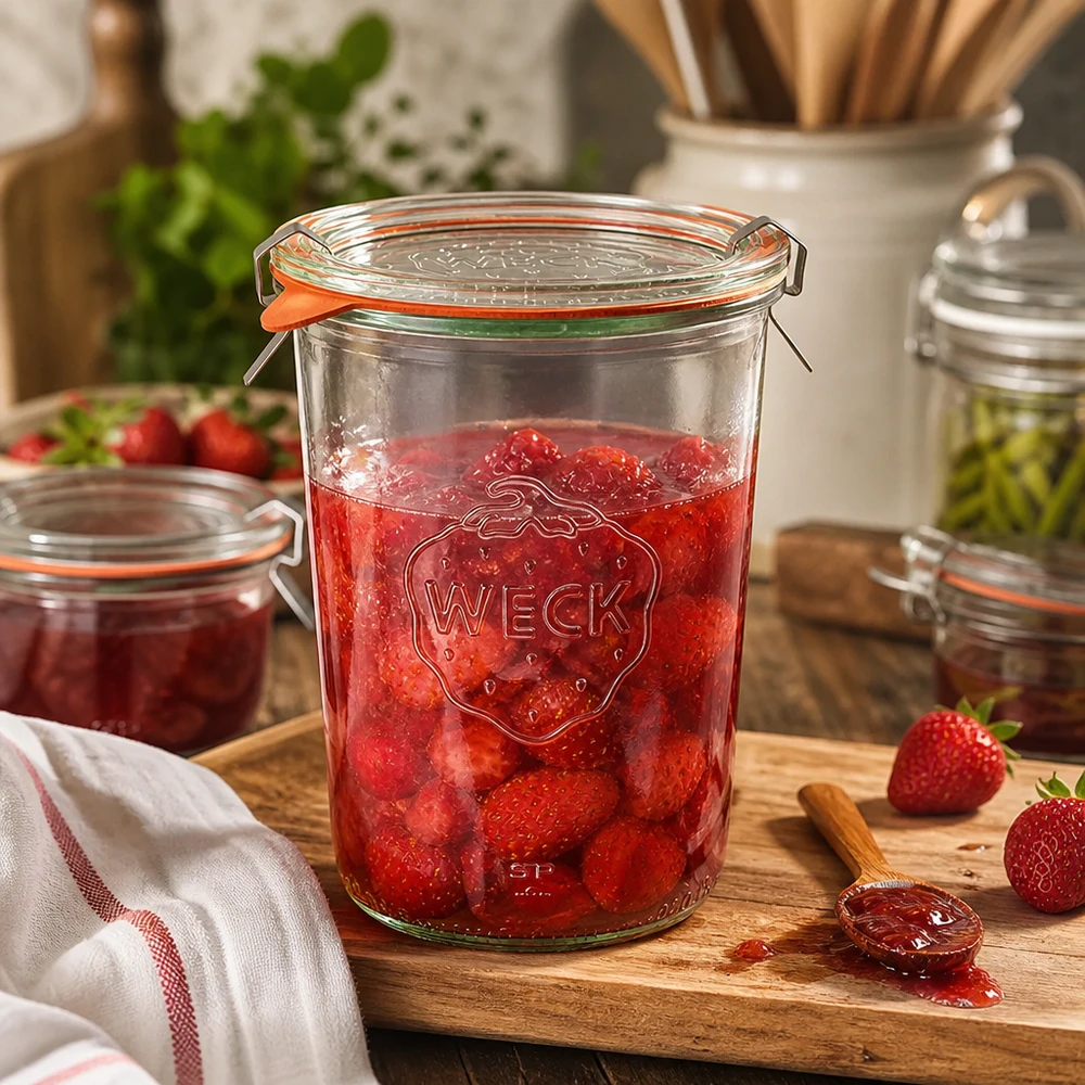 Tarro de conserva WECK de 850 ml lleno de mermelada de fresa sobre una tabla de madera en una cocina rústica con fresas frescas